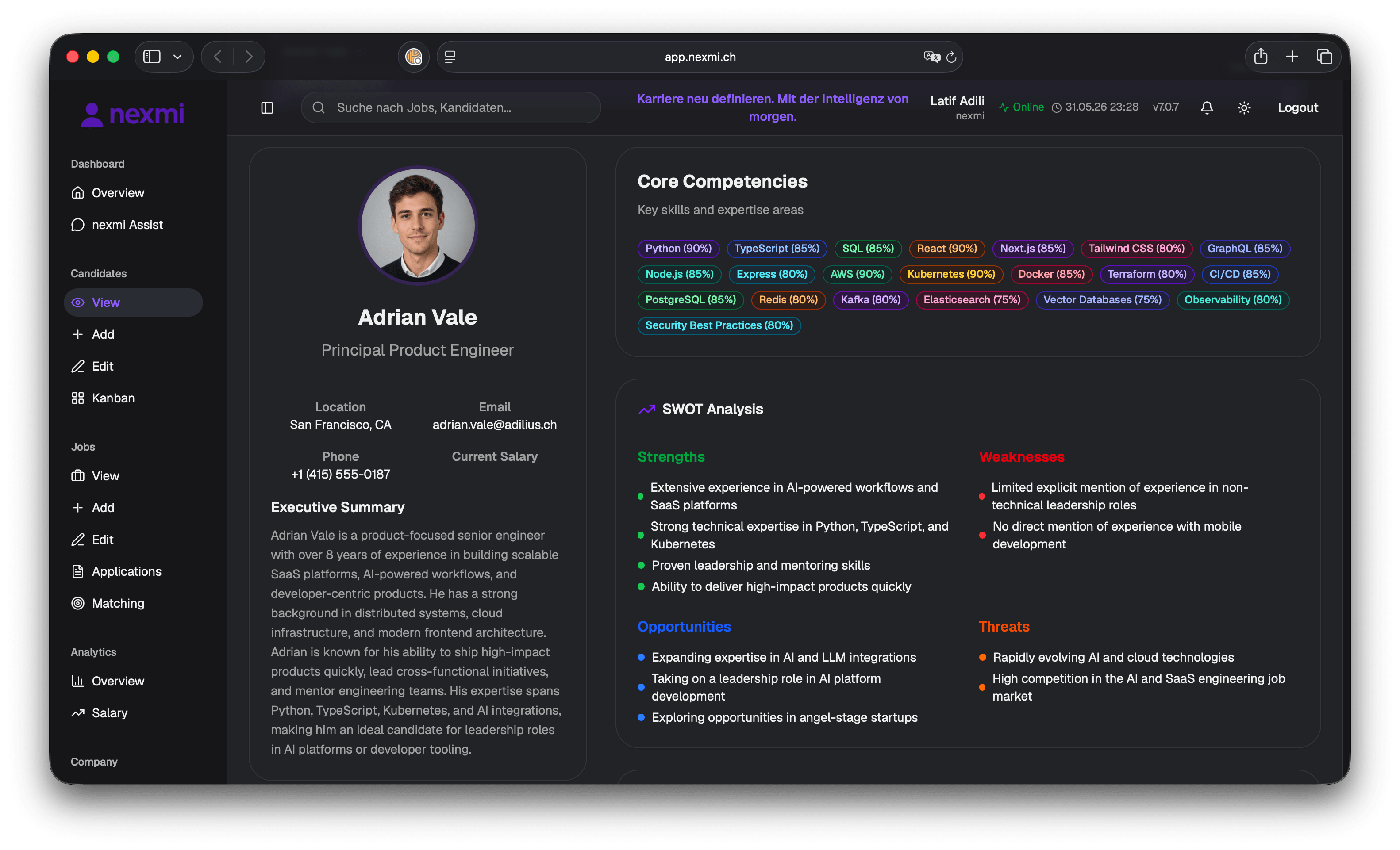 nexmi Profil für Talente - Dark Mode